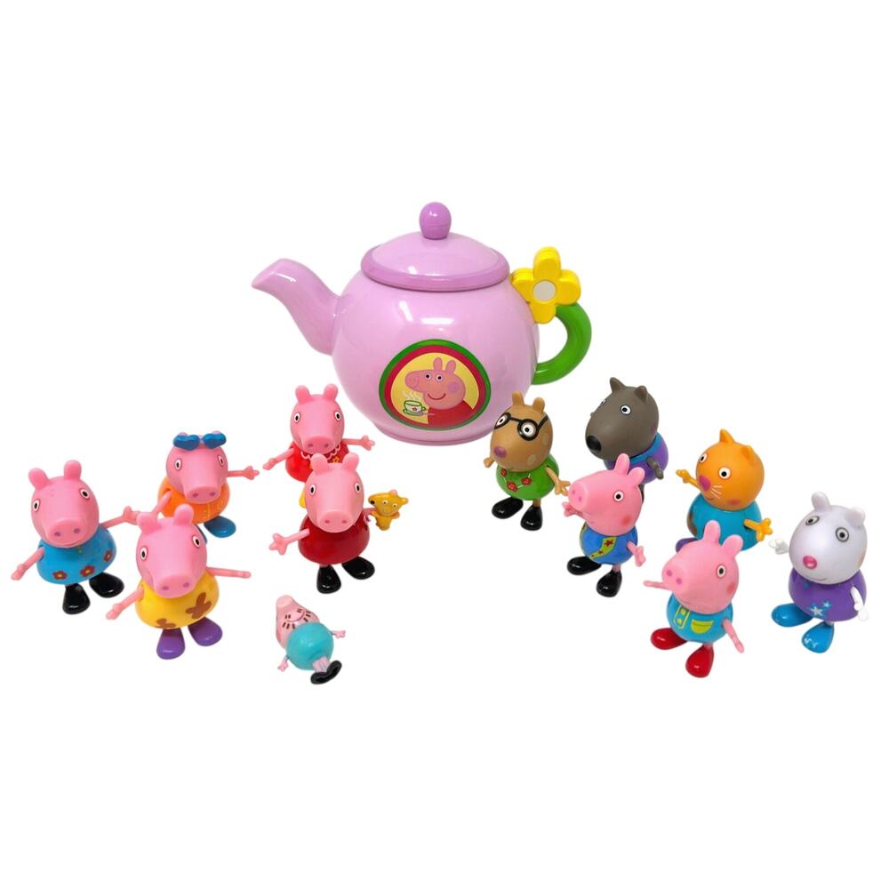 Peppa Pig 13pc Figures Playset Pink Teapot Toy Set Family Characters Collectible